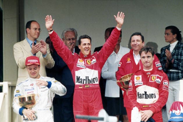 RECORD DATE NOT STATED MICHAEL SCHUMACHER, EDDIE IRVINE, JEAN TODT, Ferrari, RUBENS BARRICHELLO, Stewart, Formula 1, 1997, ALBERTO II DI MONACO, RANIERI III DI MONACO, STEPHANIE DI MONACO, Primo piano, Close up, Esultanza, Celebration, Jubel FORMULA 1 1997 FERRARI
