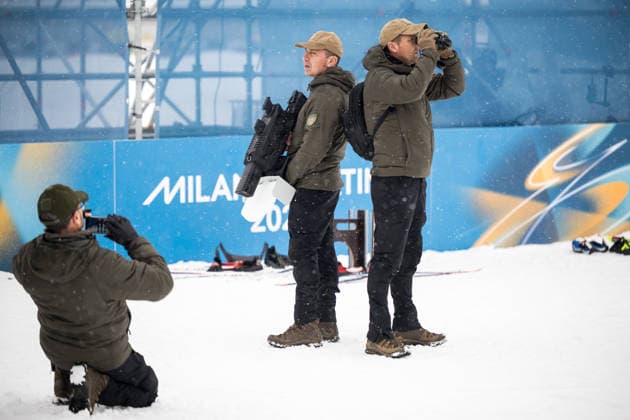 Milano Cortina 2026, security personnel with drone defence rifle
