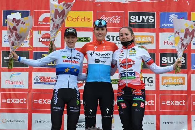 Dutch Inge van der Heijden, Luxembourgian Marie Schreiber and French Amandine Fouquenet pictured on the podium after the women s elite race of the Parkcross cyclocross cycling event, race 6 7 in the Exact Cross competition, Wednesday 04 February 2026 in Maldegem. DAVIDxPINTENS  x161011795x