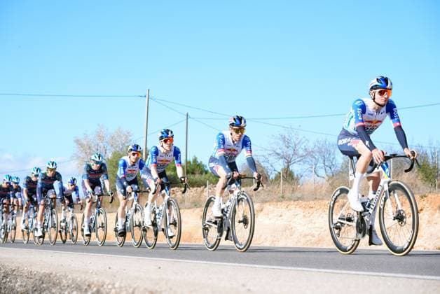 Belgian Remco Evenepoel (C) and his teammates of Red Bull-BORA-hansgrohe pictured in action at stage 1 of the 2026 Volta Comunitat Valenciana, Tour of Valencia cycling race, from Segorre to Torreblanca (162,2km), on Wednesday 04 February 2026 in Spain. The race takes place from 4 to 8 February and runs through the three provinces of the Valencian Community. JOMAxGARCIA  x161016529x