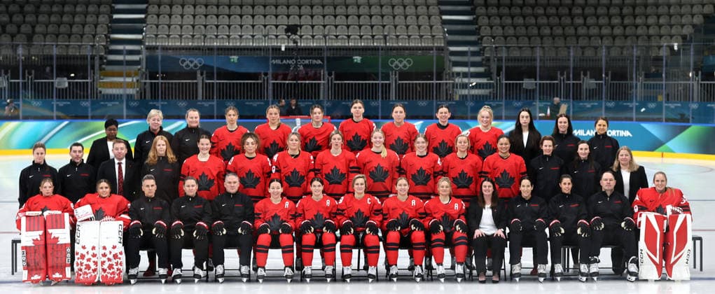 The Canadian womens hockey team poses for a team photo prior to their practice on Wednesday, February 4, 2026, before the start of the Milan 2026 Winter Olympics.  OLY20260204332 AARONxJOSEFCZYK