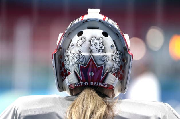 The back of Canadian women s hockey team goal keeper Emerance Maschmeyer is pictured during a practice on Wednesday, February 4, 2026, before the start of the Milan 2026 Winter Olympics.  OLY20260204337 AARONxJOSEFCZYK