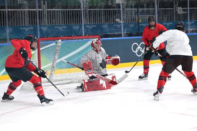 The Canadian women s hockey team practices on Wednesday, February 4, 2026, before the start of the Milan 2026 Winter Olympics.  OLY20260204338 AARONxJOSEFCZYK