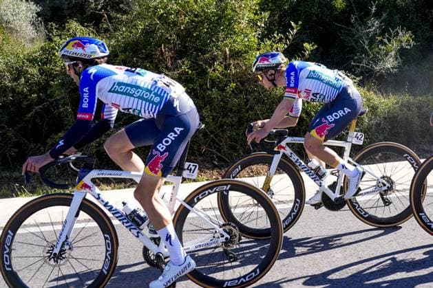 Belgian Remco Evenepoel (R) and his teammates of Red Bull-BORA-hansgrohe pictured in action at stage 1 of the 2026 Volta Comunitat Valenciana, Tour of Valencia cycling race, from Segorre to Torreblanca (162,2km), on Wednesday 04 February 2026 in Spain. The race takes place from 4 to 8 February and runs through the three provinces of the Valencian Community. JOMAxGARCIA  x161021147x