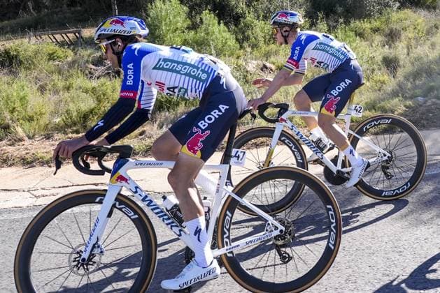 Belgian Remco Evenepoel (R) and his teammates of Red Bull-BORA-hansgrohe pictured in action at stage 1 of the 2026 Volta Comunitat Valenciana, Tour of Valencia cycling race, from Segorre to Torreblanca (162,2km), on Wednesday 04 February 2026 in Spain. The race takes place from 4 to 8 February and runs through the three provinces of the Valencian Community. JOMAxGARCIA  x161021405x
