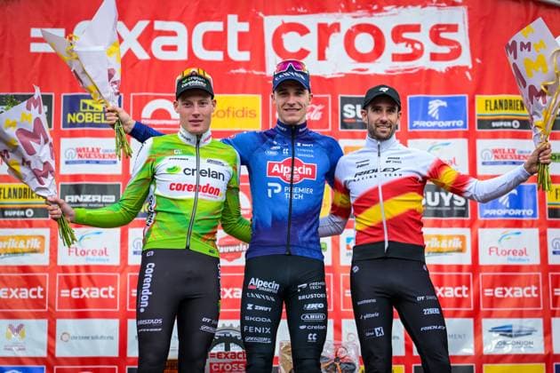 Belgian Joran Wyseure, Belgian Niels Vandeputte and Spanish Felipe Orts Lloret pictured on the podium after the men s elite race of the Parkcross cyclocross cycling event, race 6 7 in the Exact Cross competition, Wednesday 04 February 2026 in Maldegem. DAVIDxPINTENS  x161034232x