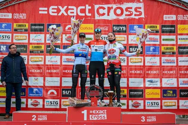 Dutch Inge van der Heijden, Luxembourgian Marie Schreiber and French Amandine Fouquenet pictured on the podium after the women s elite race of the Parkcross cyclocross cycling event, race 6 7 in the Exact Cross competition, Wednesday 04 February 2026 in Maldegem. DAVIDxPINTENS  x161036524x
