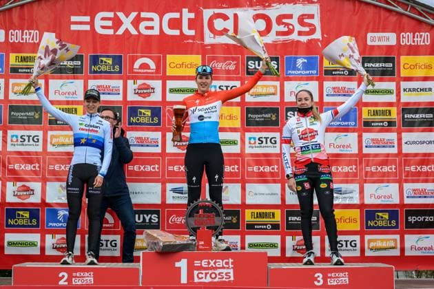 Dutch Inge van der Heijden, Luxembourgian Marie Schreiber and French Amandine Fouquenet pictured on the podium after the women s elite race of the Parkcross cyclocross cycling event, race 6 7 in the Exact Cross competition, Wednesday 04 February 2026 in Maldegem. DAVIDxPINTENS  x161036549x