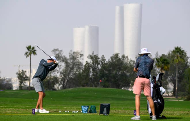 Qatar Masters 2026 - Previews Golfers are seen during a practice session ahead of the Qatar Masters golf tournament at the Doha Golf Club in Doha, Qatar, on February 4, 2026. DOHA Qatar Copyright: xNOUSHADx