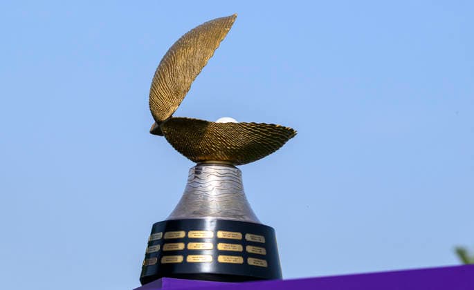Qatar Masters 2026 - Previews The trophy on display at the first hole tee box ahead of the Qatar Masters at the Doha Golf Club in Doha, Qatar, February 4, 2026. DOHA Qatar Copyright: xNOUSHADx