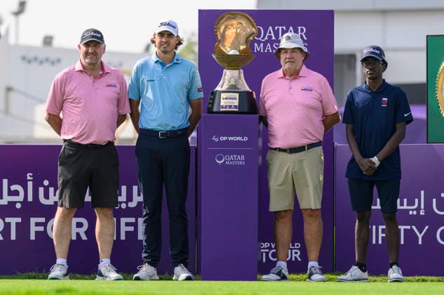 Qatar Masters 2026 - Previews Participants pose for a photograph with the tournament trophy on display at the first tee during the pro-am ahead of the Qatar Masters at the Doha Golf Club in Doha, Qatar, on February 4, 2026 DOHA Qatar Copyright: xNOUSHADx
