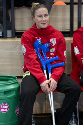 Handball Bundesliga Women,HBF, Season 2025 2026 SV Union Halle Neustadt vs Borussia Dortmund Halle, Germany 04 February 2026 In the picture Goalkeeper Ela Szott Halle Injured, Injury Halle Saale SWH Arena Sachsen Anhalt Germany