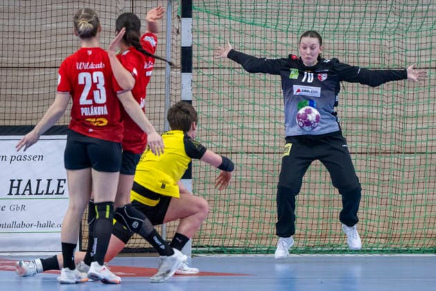 Handball Bundesliga Women,HBF, Season 2025 2026 SV Union Halle Neustadt vs Borussia Dortmund Halle, Germany 04 February 2026 In the picture from left Marie Polakova Halle , EngelinaAlida Corona Molenaar Halle ,Alina Grijseels Dortmund and goalkeeper Sarah Wachter Dortmund Halle Saale SWH Arena Sachsen Anhalt Germany