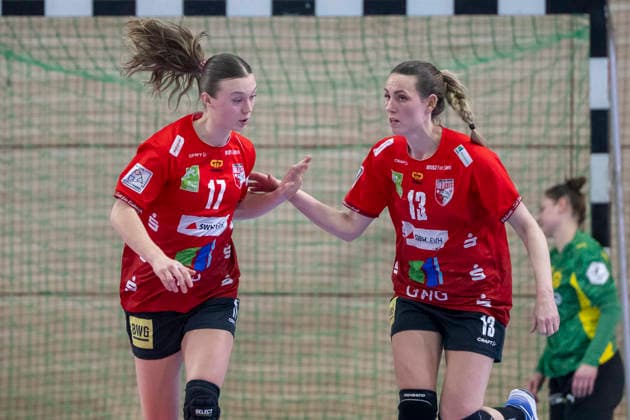Handball Bundesliga Women,HBF, Season 2025 2026 SV Union Halle Neustadt vs Borussia Dortmund Halle, Germany 04 February 2026 In the picture from left Emma Hertha Halle and Madeleine Östlund Oestlund Halle Halle Saale SWH Arena Sachsen Anhalt Germany