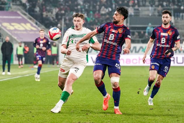 Soccer Switzerland Swiss Cup 2025 2026 Quarterfinals, 04 02 2026 FC St Gallen vs FC Basel Kybunpark St Gallen, Switzerland Alessandro Vogt FC St Gallen , Nicolas Vouilloz FC Basel Copyright: xLUKAxKOLANOVICx