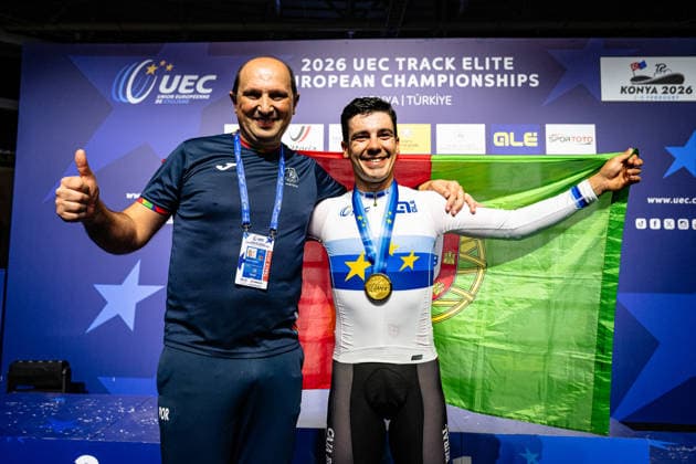 LEITAO Iuri UEC Track Cycling European Championships Konya 2026 LEITAO Iuri POR Portugal Winner First Place Award Ceremony Medal Ceremony Podium Landscape horizontal Landscape Event Event UEC Track Cycling European Championships 2026 Category Category Cycling Track Cycling European Championships Location Location Asia Türkiye Konya Discipline Omnium Category Elite Men Distance m Date Date 04 02 2026 Wednesday Day 4