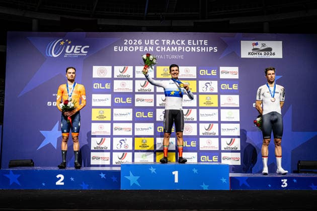 DORENBOS Yanne, LEITAO Iuri, KLUGE Roger UEC Track Cycling European Championships Konya 2026 DORENBOS Yanne NED Netherlands Second Place LEITAO Iuri POR Portugal Winner First Place KLUGE Roger GER Germany Third Place Award Ceremony Medal Ceremony Podium Landscape horizontal Landscape Event Event UEC Track Cycling European Championships 2026 Category Category Cycling Track Cycling European Championships Location Location Asia Türkiye Konya Discipline Omnium Category Elite Men Distance m Date Date 04 02 2026 Wednesday Day 4