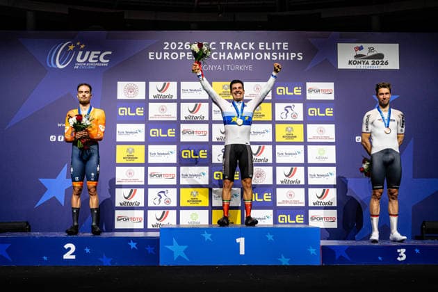 DORENBOS Yanne, LEITAO Iuri, KLUGE Roger UEC Track Cycling European Championships Konya 2026 DORENBOS Yanne NED Netherlands Second Place LEITAO Iuri POR Portugal Winner First Place KLUGE Roger GER Germany Third Place Award Ceremony Medal Ceremony Podium Landscape horizontal Landscape Event Event UEC Track Cycling European Championships 2026 Category Category Cycling Track Cycling European Championships Location Location Asia Türkiye Konya Discipline Omnium Category Elite Men Distance m Date Date 04 02 2026 Wednesday Day 4