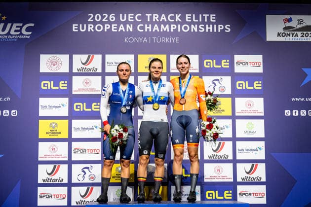 BERTEAU Victoire, KOPECKY Lotte, VAN ROOIJEN Sofie UEC Track Cycling European Championships Konya 2026 BERTEAU Victoire FRA France Second Place KOPECKY Lotte BEL Belgium Winner First Place VAN ROOIJEN Sofie NED Netherlands Third Place Award Ceremony Medal Ceremony Podium Landscape horizontal Landscape Event Event UEC Track Cycling European Championships 2026 Category Category Cycling Track Cycling European Championships Location Location Asia Türkiye Konya Discipline Points Race Category Elite Women Distance 25 km Date Date 04 02 2026 Wednesday Day 4