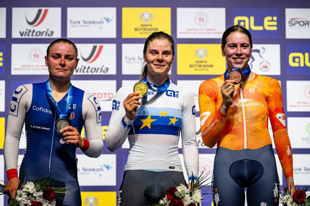 BERTEAU Victoire, KOPECKY Lotte, VAN ROOIJEN Sofie UEC Track Cycling European Championships Konya 2026 BERTEAU Victoire FRA France Second Place KOPECKY Lotte BEL Belgium Winner First Place VAN ROOIJEN Sofie NED Netherlands Third Place Award Ceremony Medal Ceremony Podium Landscape horizontal Landscape Event Event UEC Track Cycling European Championships 2026 Category Category Cycling Track Cycling European Championships Location Location Asia Türkiye Konya Discipline Points Race Category Elite Women Distance 25 km Date Date 04 02 2026 Wednesday Day 4