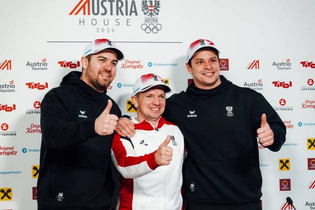 OLYMPICS - Winter Olympic Games, Olympische Spiele, Olympia, OS Milano Cortina 2026 CORTINA D AMPEZZO,ITALY,05.FEB.26 - OLYMPICS, LUGE - Winter Olympic Games Milano Cortina 2026, Austria House, preview, singles, men, press conference, PK, Pressekonferenz Rodel Austria. Image shows Nico Gleirscher (AUT), Wolfgang Kindl (AUT) and Jonas Mueller (AUT).  GEPAxpictures xAlexanderxSolc