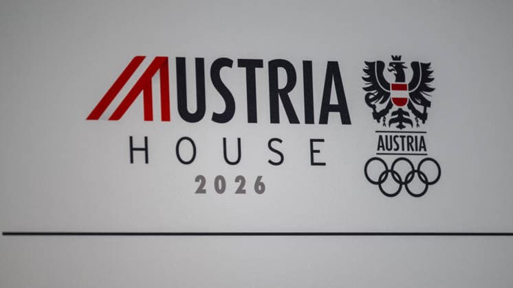 OLYMPICS - Winter Olympic Games, Olympische Spiele, Olympia, OS Milano Cortina 2026 VAL DI FIEMME,ITALY,05.FEB.26 - OLYMPICS, Ski jumping, Skispringen, Ski, nordisch - Winter Olympic Games Milano Cortina 2026, preview, Ski Austria, press conference, PK, Pressekonferenz Image shows the official logo of the austria house.  GEPAxpictures xOliverxLerch