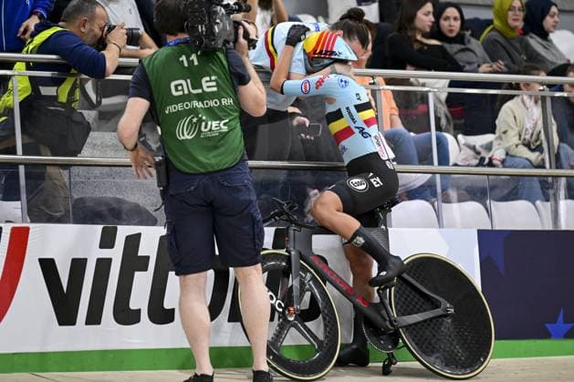 Belgian Shari Bossuyt pictured in action during the women s Madison final at the fifth and last day of the 2026 UEC Track Elite European Championships, in Konya, Turkey, Thursday 05 February 2026. The European Championships take place from 01 to 05 February 2026. DIRKxWAEM  x161233649x