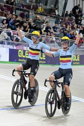 Belgian Shari Bossuyt and Belgian Lotte Kopecky celebrate after winning the women s Madison final at the fifth and last day of the 2026 UEC Track Elite European Championships, in Konya, Turkey, Thursday 05 February 2026. The European Championships take place from 01 to 05 February 2026. DIRKxWAEM  x161233735x