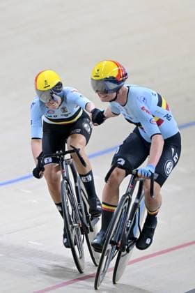 Belgian Shari Bossuyt and Belgian Lotte Kopecky pictured in action during the women s Madison final at the fifth and last day of the 2026 UEC Track Elite European Championships, in Konya, Turkey, Thursday 05 February 2026. The European Championships take place from 01 to 05 February 2026. DIRKxWAEM  x161235014x