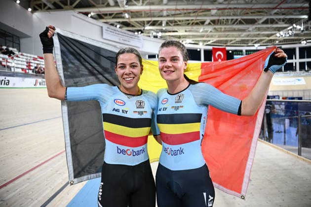 2026 UEC Track Elite European Championships Picture by Olly Hassell SWpix.com - 05 02 2026 - Cycling - 2026 UEC Track Elite European Championships - Konya Velodrome, Konya, Türkiye - Women™s Madison -Belgium Lotte Kopecky (Belgium) and Shari Bossuyt (Belgium) Win the Women™s Madison to become European Champions Konya Konya Velodrome Türkiye Copyright: x xSWpix.comx(t axPhotographyxHubxLtd)xOllyxHassell SWpix.comx SWP-3177-0999
