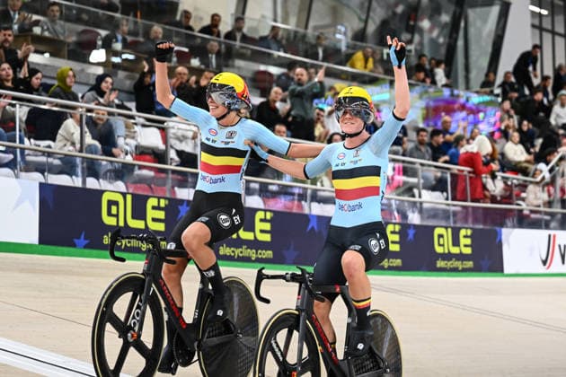 2026 UEC Track Elite European Championships Picture by Olly Hassell SWpix.com - 05 02 2026 - Cycling - 2026 UEC Track Elite European Championships - Konya Velodrome, Konya, Türkiye - Women™s Madison - Belgium Lotte Kopecky (Belgium) and Shari Bossuyt (Belgium) Win the Women™s Madison to become European Champions Konya Konya Velodrome Türkiye Copyright: x xSWpix.comx(t axPhotographyxHubxLtd)xOllyxHassell SWpix.comx SWP-3177-1014