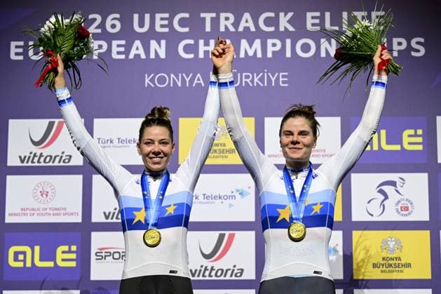 Belgian Shari Bossuyt and Belgian Lotte Kopecky celebrate on the podium after winning the women s Madison final at the fifth and last day of the 2026 UEC Track Elite European Championships, in Konya, Turkey, Thursday 05 February 2026. The European Championships take place from 01 to 05 February 2026. DIRKxWAEM  x161236058x