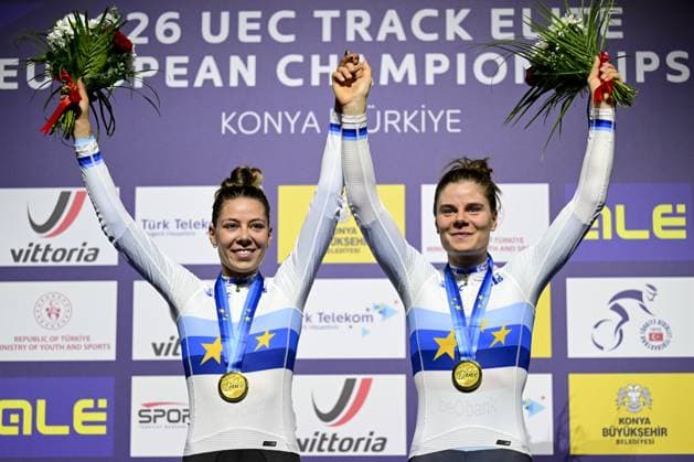 Belgian Shari Bossuyt and Belgian Lotte Kopecky celebrate on the podium after winning the women s Madison final at the fifth and last day of the 2026 UEC Track Elite European Championships, in Konya, Turkey, Thursday 05 February 2026. The European Championships take place from 01 to 05 February 2026. DIRKxWAEM  x161236064x