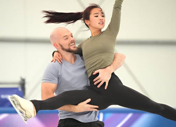 Emily Chan and Spencer Howe of USA during Pairs Figure skating, Eiskunstlauf practice before the start of the Milan 2026 Winter Olympic Games, Olympische Spiele, Olympia, OS at the Milano Ice Skating Arena in Milan, Italy on Wednesday, February 5, 2026.  OLY20260205111 RichardxEllis