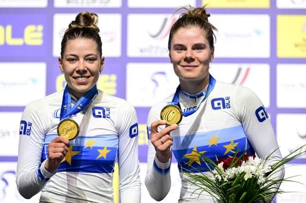 Belgian Shari Bossuyt and Belgian Lotte Kopecky celebrate on the podium after winning the women s Madison final at the fifth and last day of the 2026 UEC Track Elite European Championships, in Konya, Turkey, Thursday 05 February 2026. The European Championships take place from 01 to 05 February 2026. DIRKxWAEM  x161236568x