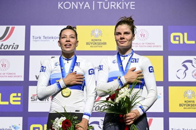 Belgian Shari Bossuyt and Belgian Lotte Kopecky celebrate on the podium after winning the women s Madison final at the fifth and last day of the 2026 UEC Track Elite European Championships, in Konya, Turkey, Thursday 05 February 2026. The European Championships take place from 01 to 05 February 2026. DIRKxWAEM  x161236606x