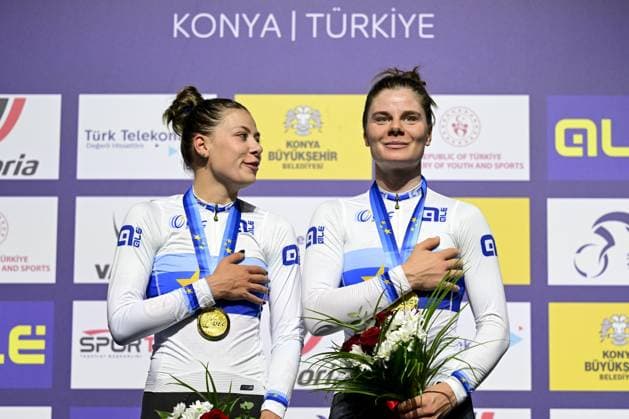 Belgian Shari Bossuyt and Belgian Lotte Kopecky celebrate on the podium after winning the women s Madison final at the fifth and last day of the 2026 UEC Track Elite European Championships, in Konya, Turkey, Thursday 05 February 2026. The European Championships take place from 01 to 05 February 2026. DIRKxWAEM  x161236617x