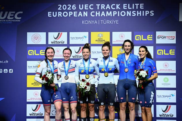 2026 UEC Track Elite European Championships Picture by Olly Hassell SWpix.com - 05 02 2026 - Cycling - 2026 UEC Track Elite European Championships - Konya Velodrome, Konya, Türkiye - Women™s Madison Podium - Lotte Kopecky (Belgium) and Shari Bossuyt (Belgium) receive the Gold Medals to become European Champions, Great Britain Katie Archibald (Great Britain) and Anna Morris (Great Britain) Silver Medalists and Elisa Balsamo (Italy) and Federica Venturelli (Italy) Bronze Medalists Konya Konya Velodrome Türkiye Copyright: x xSWpix.comx(t axPhotographyxHubxLtd)xOllyxHassell SWpix.comx SWP-3177-1035