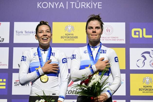 Belgian Shari Bossuyt and Belgian Lotte Kopecky celebrate on the podium after winning the women s Madison final at the fifth and last day of the 2026 UEC Track Elite European Championships, in Konya, Turkey, Thursday 05 February 2026. The European Championships take place from 01 to 05 February 2026. DIRKxWAEM  x161236661x