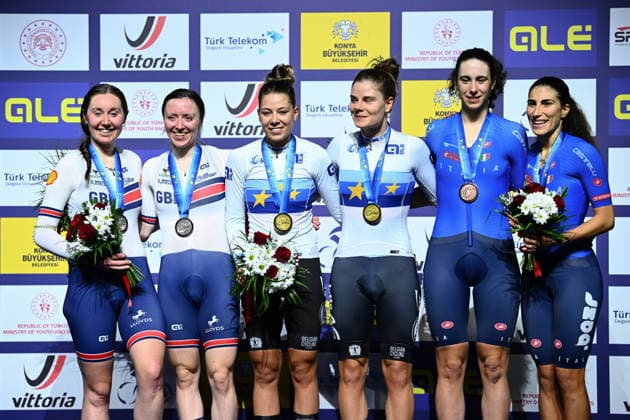 2026 UEC Track Elite European Championships Picture by Olly Hassell SWpix.com - 05 02 2026 - Cycling - 2026 UEC Track Elite European Championships - Konya Velodrome, Konya, Türkiye - Women™s Madison Podium - Lotte Kopecky (Belgium) and Shari Bossuyt (Belgium) receive the Gold Medals to become European Champions, Great Britain Katie Archibald (Great Britain) and Anna Morris (Great Britain) Silver Medalists and Elisa Balsamo (Italy) and Federica Venturelli (Italy) Bronze Medalists Konya Konya Velodrome Türkiye Copyright: x xSWpix.comx(t axPhotographyxHubxLtd)xOllyxHassell SWpix.comx SWP-3177-1036