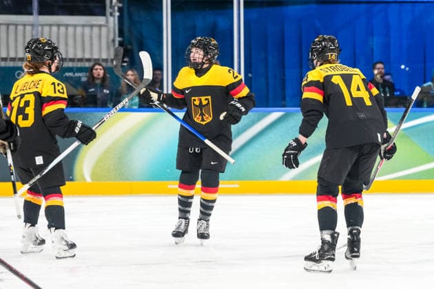 2026-02-05 - Milano Cortina 2026 Winter Olympics Women s Preliminary Round - Group B MILAN, ITALY - FEBRUARY 5: Luisa Welcke of Germany, Katarina Jobst-Smith of Germany, Carina Strobel of Germany celebrating a goal during the Milano Cortina 2026 Winter Olympics Women s Preliminary Round - Group B match between Sweden and Germany at the Milano Rho Ice hockey, Eishockey Arena on February 5, 2026 in Milan, Italy Milan Milano Rho Ice Hockey Arena Italy Content not available for redistribution in The Netherlands directly or indirectly through any third parties. Copyright: xAndrexWeeningx