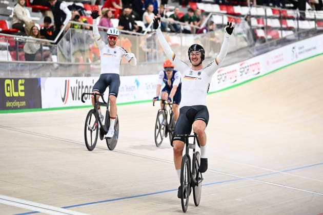 2026 UEC Track Elite European Championships Picture by Olly Hassell SWpix.com - 05 02 2026 - Cycling - 2026 UEC Track Elite European Championships - Konya Velodrome, Konya, Türkiye - Men™s Madison - Germany Moritz Augenstein (Germany) and Roger Kluge (Germany) Win the Men™s Madison to become European Champion Konya Konya Velodrome Türkiye Copyright: x xSWpix.comx(t axPhotographyxHubxLtd)xOllyxHassell SWpix.comx SWP-3177-1114