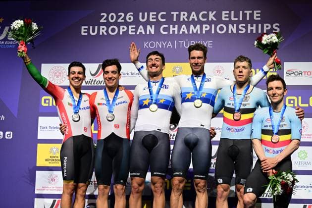Portuguese Iuri Leitao, Portuguese Diogo Narciso, German Moritz Augenstein, German Roger Kluge, Belgian Jules Hesters and Belgian Jasper De Buyst celebrate on the podium of the men s Madison final at the fifth and last day of the 2026 UEC Track Elite European Championships, in Konya, Turkey, Thursday 05 February 2026. The European Championships take place from 01 to 05 February 2026. DIRKxWAEM  x161254264x