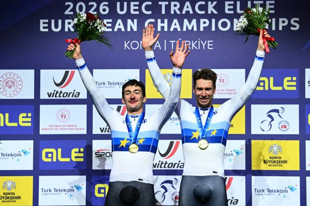 2026 UEC Track Elite European Championships Picture by Olly Hassell SWpix.com - 05 02 2026 - Cycling - 2026 UEC Track Elite European Championships - Konya Velodrome, Konya, Türkiye - Men™s Madison Podium - Moritz Augenstein (Germany) and Roger Kluge (Germany) receive the Gold Medals to become European Champions Konya Konya Velodrome Türkiye Copyright: x xSWpix.comx(t axPhotographyxHubxLtd)xOllyxHassell SWpix.comx SWP-3177-1119
