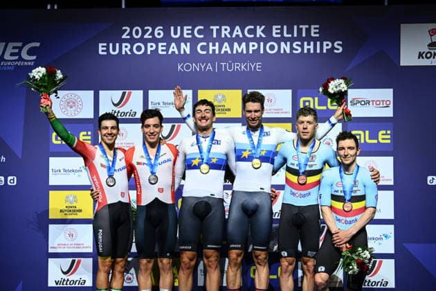 2026 UEC Track Elite European Championships Picture by Olly Hassell SWpix.com - 05 02 2026 - Cycling - 2026 UEC Track Elite European Championships - Konya Velodrome, Konya, Türkiye - Men™s Madison Podium - Moritz Augenstein (Germany) and Roger Kluge (Germany) receive the Gold Medals to become European Champions, Iuri Leitao (Portugal) and Diogo Narciso (Portugal) Silver Medalists and Jasper de Buyst (Belgium) and Jules Hesters (Belgium) Bronze Medalists Konya Konya Velodrome Türkiye Copyright: x xSWpix.comx(t axPhotographyxHubxLtd)xOllyxHassell SWpix.comx SWP-3177-1120