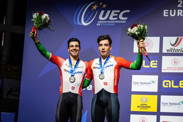 LEITAO Iuri, NARCISO Diogo UEC Track Cycling European Championships Konya 2026 LEITAO Iuri NARCISO Diogo POR Portugal Second Place Award Ceremony Medal Ceremony Podium Landscape horizontal Landscape Event Event UEC Track Cycling European Championships 2026 Category Category Cycling Track Cycling European Championships Location Location Asia Türkiye Konya Discipline Madison Category Elite Men Distance 50 km Date Date 05 02 2026 Thursday Day 5