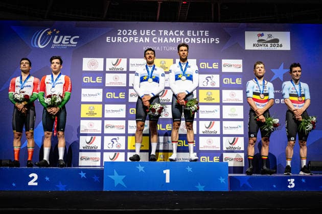 LEITAO Iuri, NARCISO Diogo, AUGENSTEIN Moritz, KLUGE Roger, HESTERS Jules, DE BUYST Jasper UEC Track Cycling European Championships Konya 2026 LEITAO Iuri NARCISO Diogo POR Portugal Second Place AUGENSTEIN Moritz KLUGE Roger GER Germany Winner First Place HESTERS Jules DE BUYST Jasper BEL Belgium Third Place Award Ceremony Medal Ceremony Podium landscape format landscape horizontal Landscape Event Event UEC Track Cycling European Championships 2026 Category Category Cycling Track Cycling European Championships Location Location Asia Türkiye Konya Discipline Madison Category Elite Men Distance 50 km Date Date 05 02 2026 Thursday Day 5