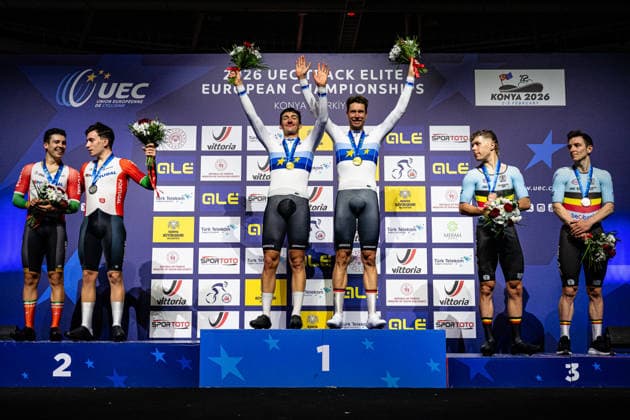 LEITAO Iuri, NARCISO Diogo, AUGENSTEIN Moritz, KLUGE Roger, HESTERS Jules, DE BUYST Jasper UEC Track Cycling European Championships Konya 2026 LEITAO Iuri NARCISO Diogo POR Portugal Second Place AUGENSTEIN Moritz KLUGE Roger GER Germany Winner First Place HESTERS Jules DE BUYST Jasper BEL Belgium Third Place Award Ceremony Medal Ceremony Podium landscape format landscape horizontal Landscape Event Event UEC Track Cycling European Championships 2026 Category Category Cycling Track Cycling European Championships Location Location Asia Türkiye Konya Discipline Madison Category Elite Men Distance 50 km Date Date 05 02 2026 Thursday Day 5