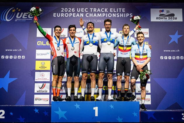 LEITAO Iuri, NARCISO Diogo, AUGENSTEIN Moritz, KLUGE Roger, HESTERS Jules, DE BUYST Jasper UEC Track Cycling European Championships Konya 2026 LEITAO Iuri NARCISO Diogo POR Portugal Second Place AUGENSTEIN Moritz KLUGE Roger GER Germany Winner First Place HESTERS Jules DE BUYST Jasper BEL Belgium Third Place Award Ceremony Medal Ceremony Podium landscape format horizontal Landscape Event Event UEC Track Cycling European Championships 2026 Category Category Cycling Track Cycling European Championships Location Location Asia Türkiye Konya Discipline Madison Category Elite Men Distance 50 km Date Date 05 02 2026 Thursday Day 5