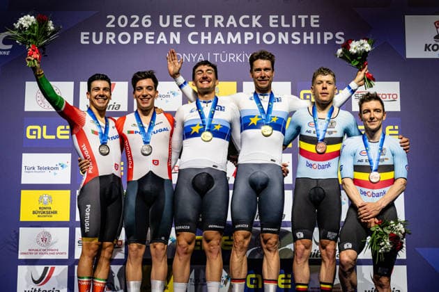 LEITAO Iuri, NARCISO Diogo, AUGENSTEIN Moritz, KLUGE Roger, HESTERS Jules, DE BUYST Jasper UEC Track Cycling European Championships Konya 2026 LEITAO Iuri NARCISO Diogo POR Portugal Second Place AUGENSTEIN Moritz KLUGE Roger GER Germany Winner First Place HESTERS Jules DE BUYST Jasper BEL Belgium Third Place Award Ceremony Medal Ceremony Podium landscape format horizontal Landscape Event Event UEC Track Cycling European Championships 2026 Category Category Cycling Track Cycling European Championships Location Location Asia Türkiye Konya Discipline Madison Category Elite Men Distance 50 km Date Date 05 02 2026 Thursday Day 5